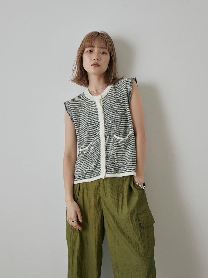 [予約]ボーダー袖フリンジニットベスト/オフ