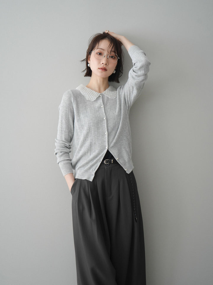 [SET]ビジュー襟パールボタンニットカーディガン+編み込みベルト付タックワイドパンツ(2set)
