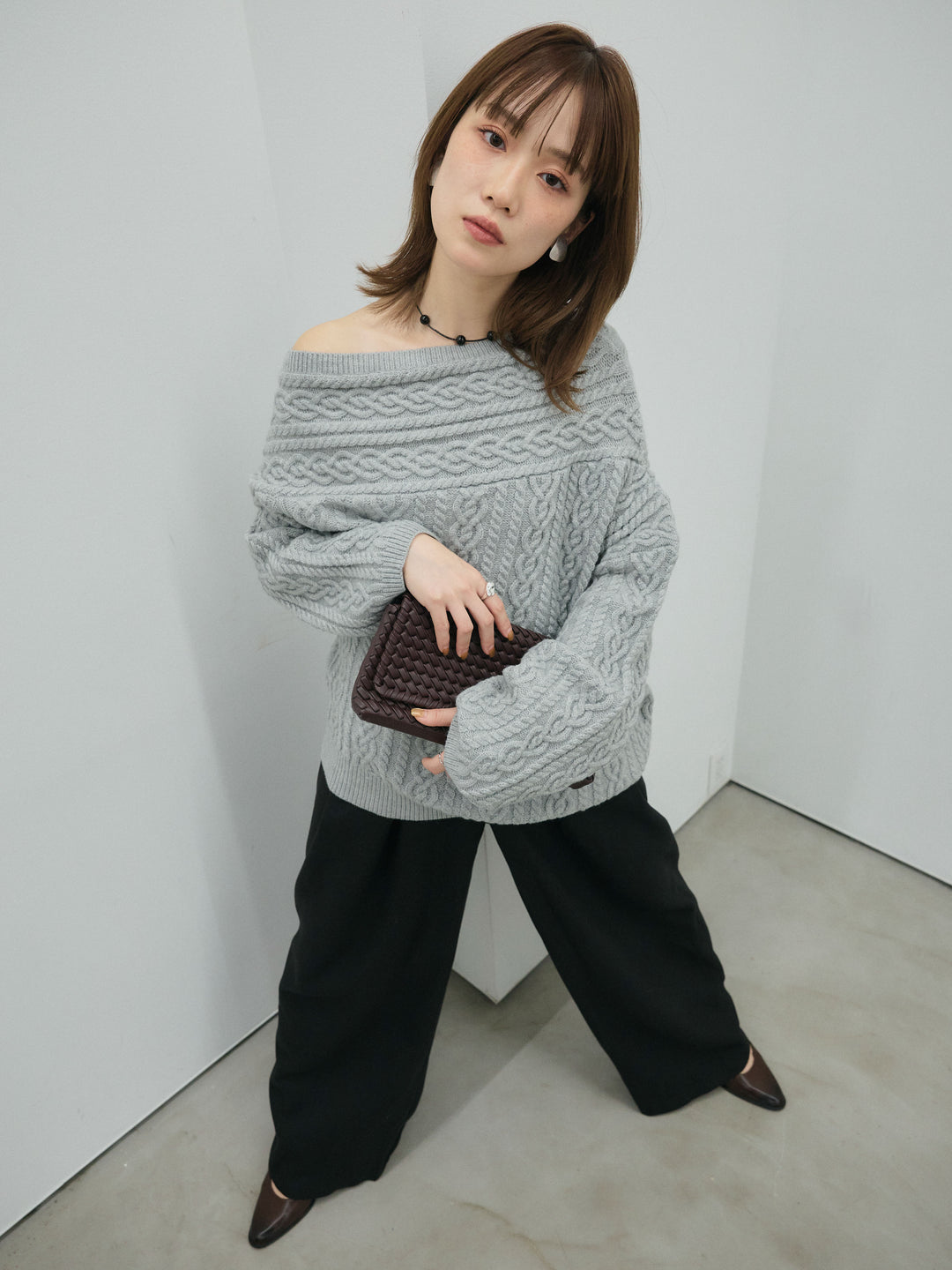 【Allure】[SET]ケーブルワンショルニットプルオーバー+ループデザインツイルワイドパンツ(2set)