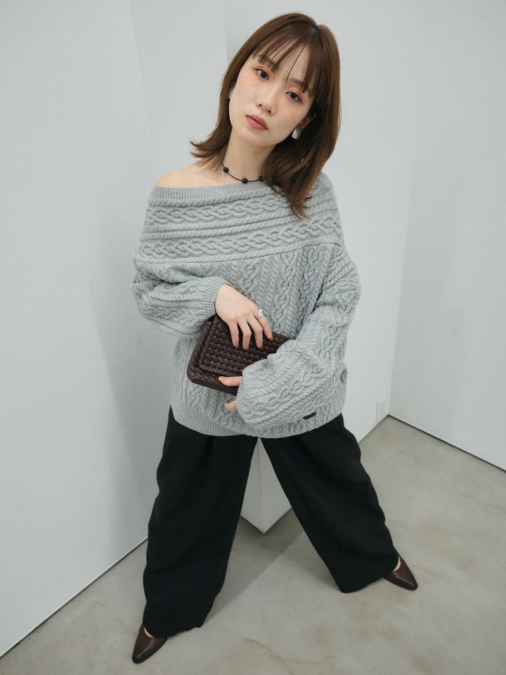 【Allure】[SET]ケーブルワンショルニットプルオーバー+ループデザインツイルワイドパンツ(2set)