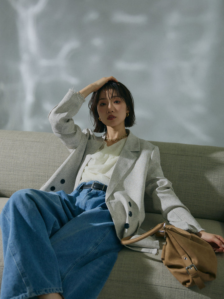 【Allure】[SET]スラブツイードフリンジテーラージャケット+ハイウエストベルトループデザインデニムパンツ(2set)