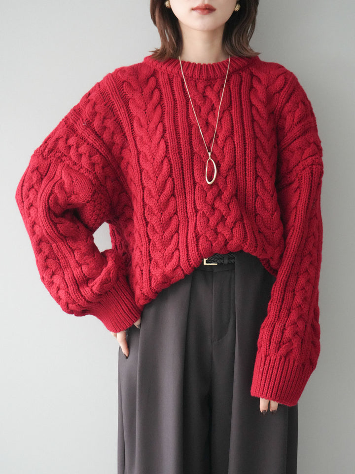 [予約]ボリュームケーブルニットプルオーバー/red
