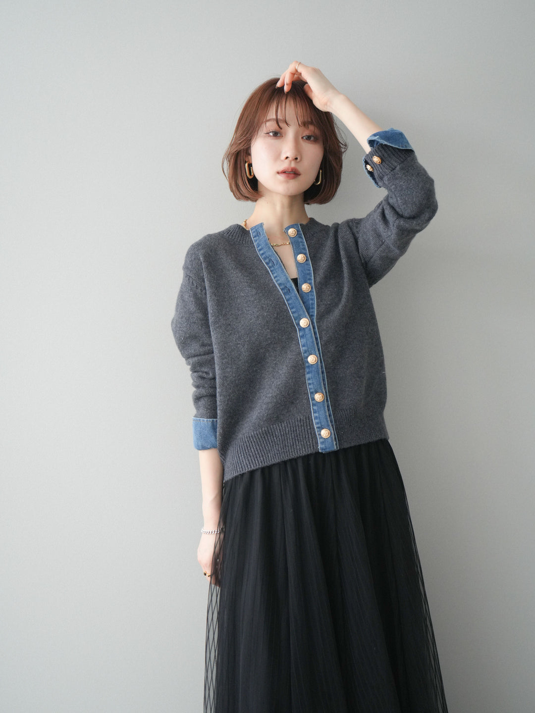 [SET]クルーネックデニムドッキングニットカーディガン+選べるアクセセット(2set)
