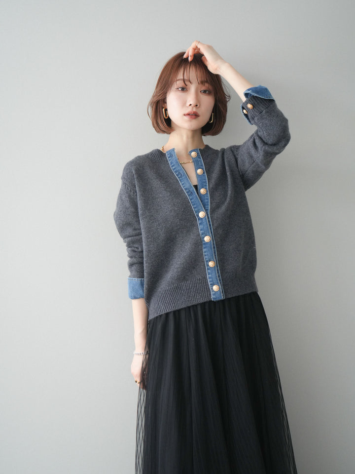 [SET]クルーネックデニムドッキングニットカーディガン+選べるアクセセット(2set)