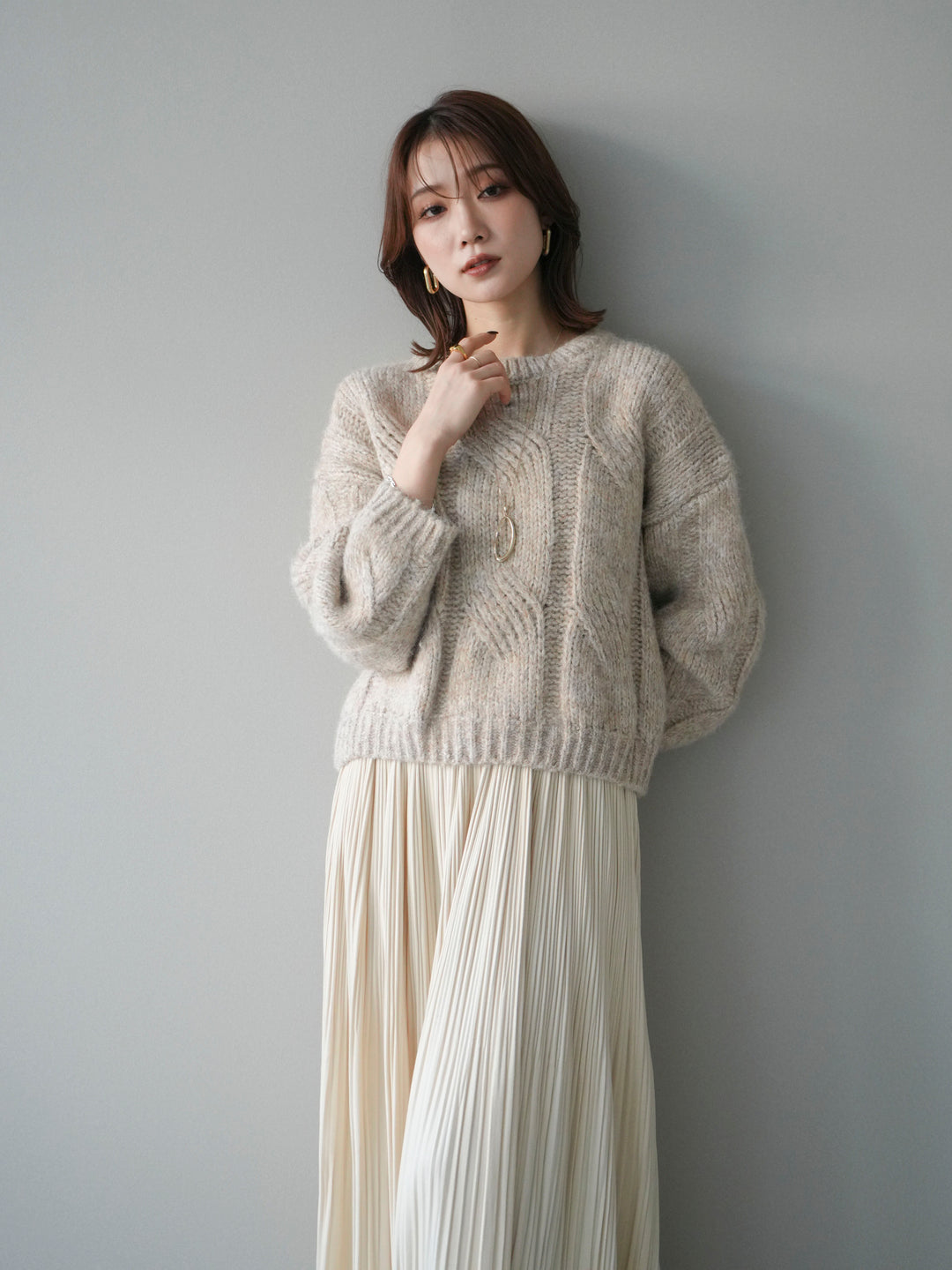 [予約]ワイドケーブルミックスニットプルオーバー/ivory