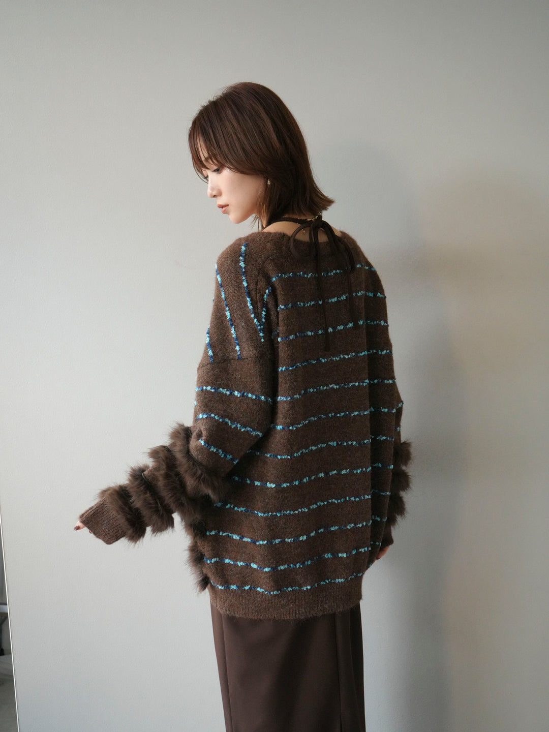 [予約]フェザーライン配色シャギーニットカーディガン/ブラウン