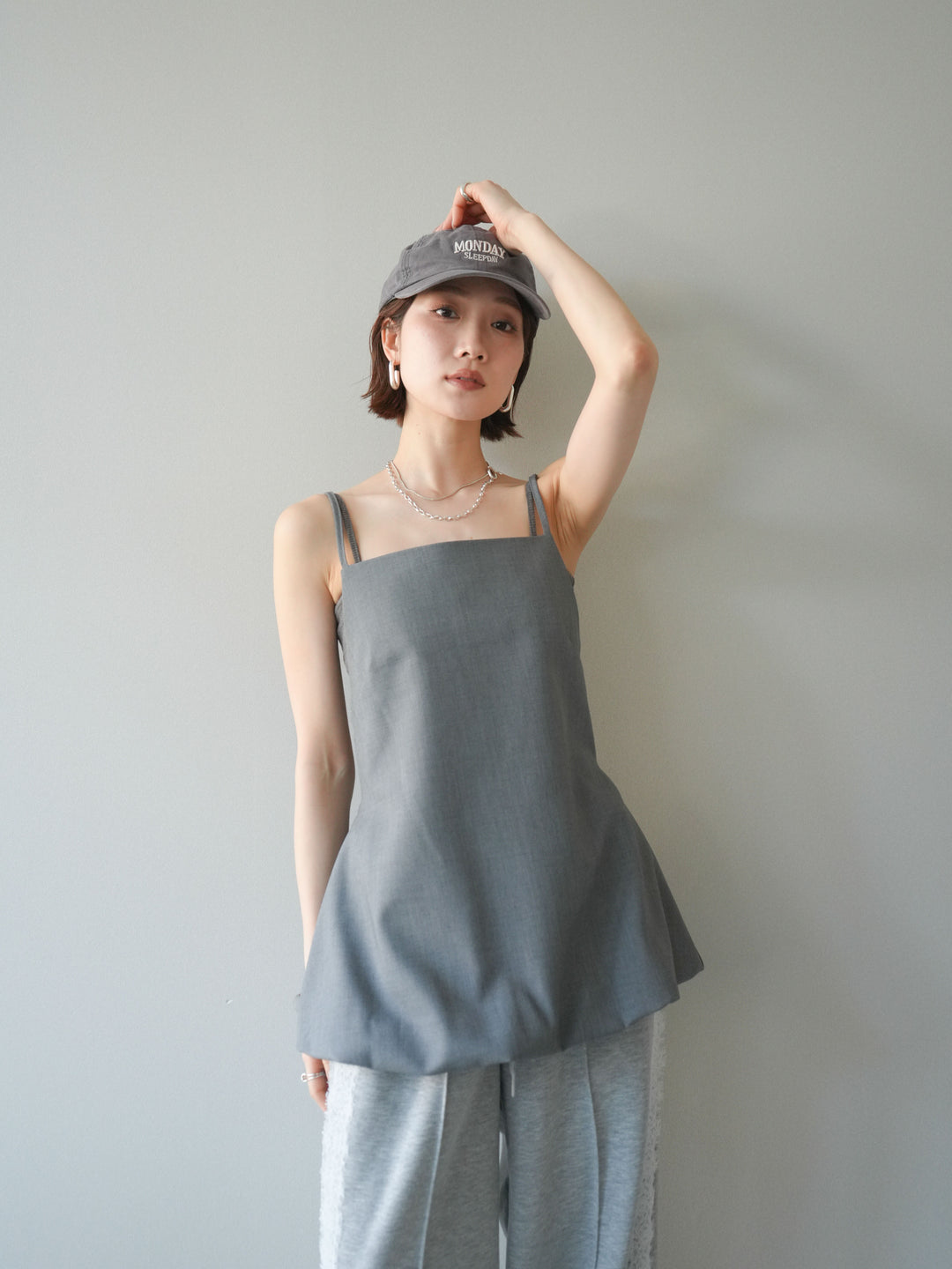 [SET]バックリボンバルーンチュニックキャミ+サイドレースポンチワイドパンツ(2set)