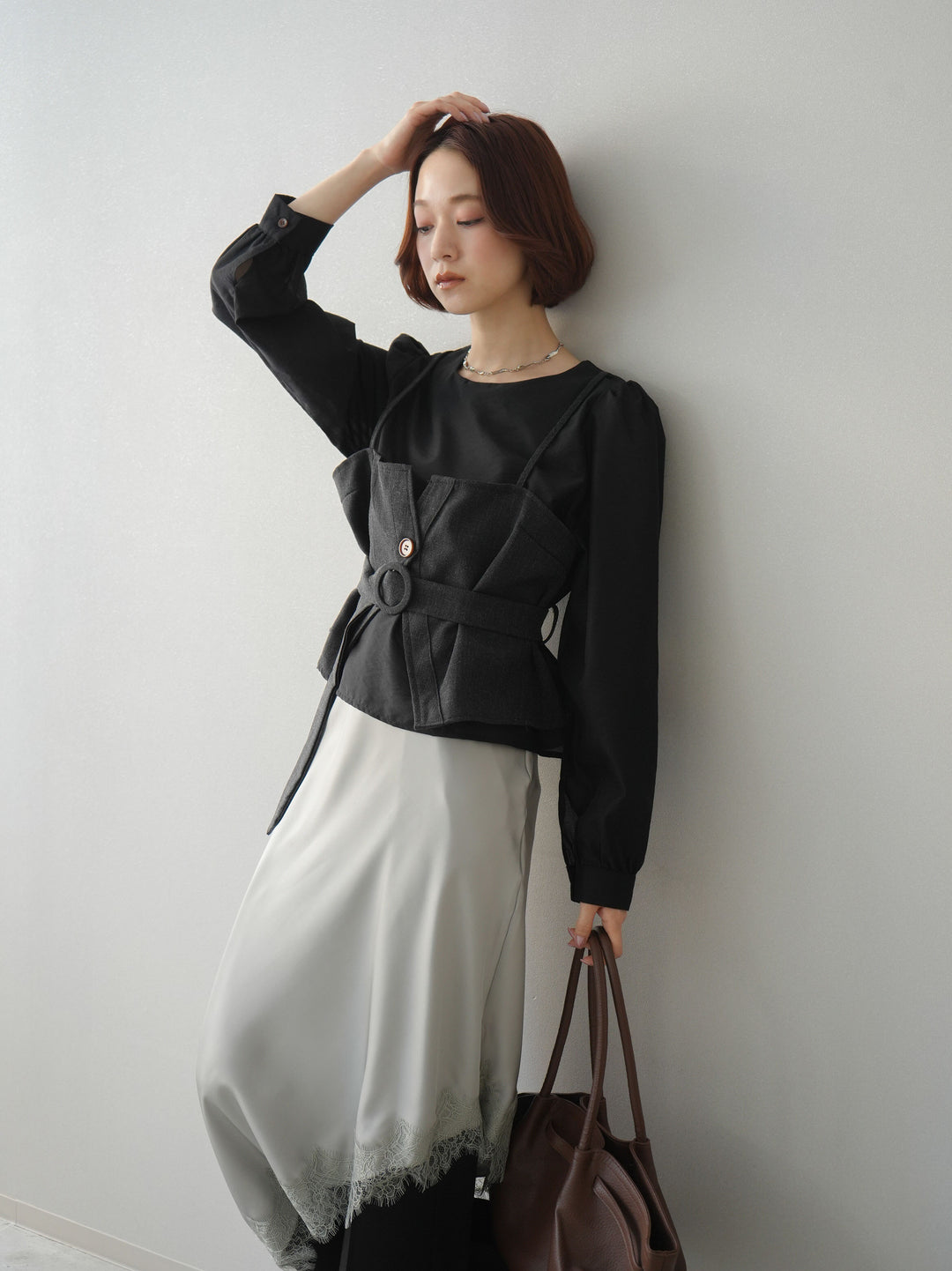 [SET]異素材ビスチェドッキングブラウス+センターシームフレアパンツ(2set)