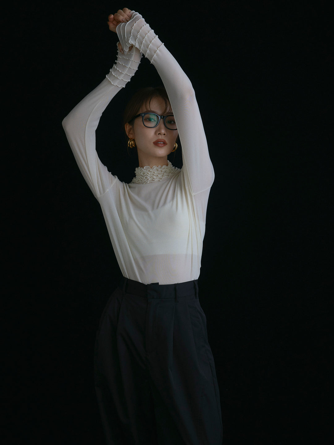 【Allure】[SET]シアーフリルメロートップス+タフタワイドカーブパンツ(2set)