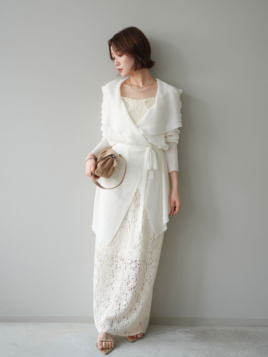[SET]ドレープリブニットガウン+フルレースキャミ＆IラインスカートSET UP(2set)