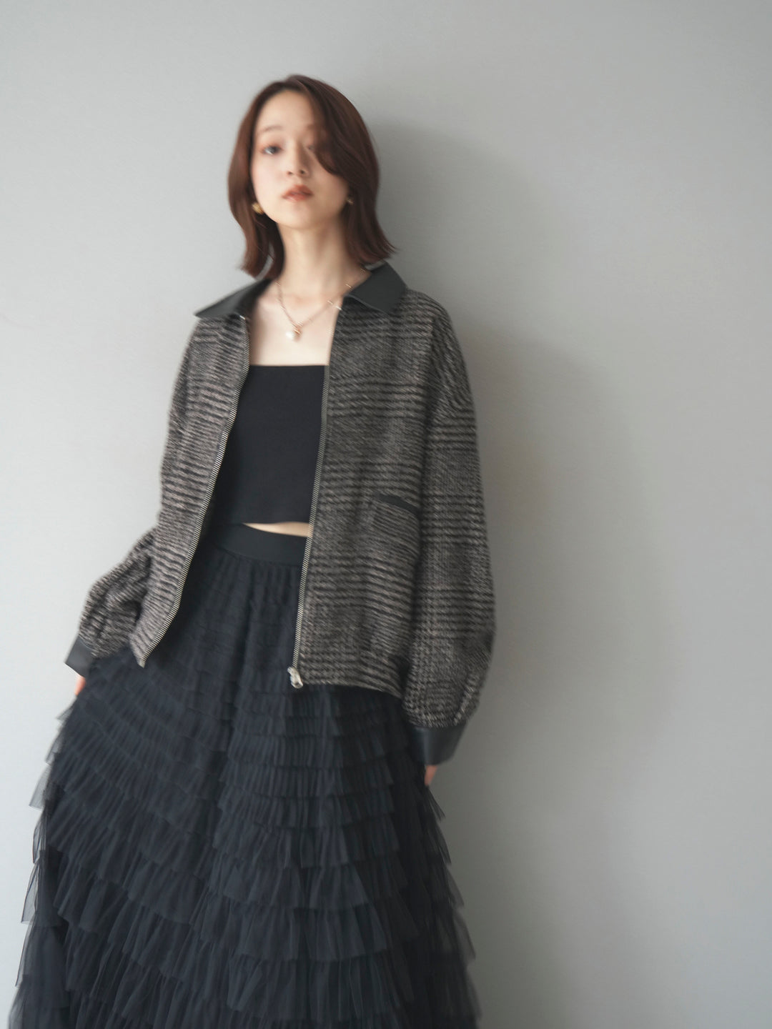 [予約]レザー襟ミックスツイードジャケット/brown