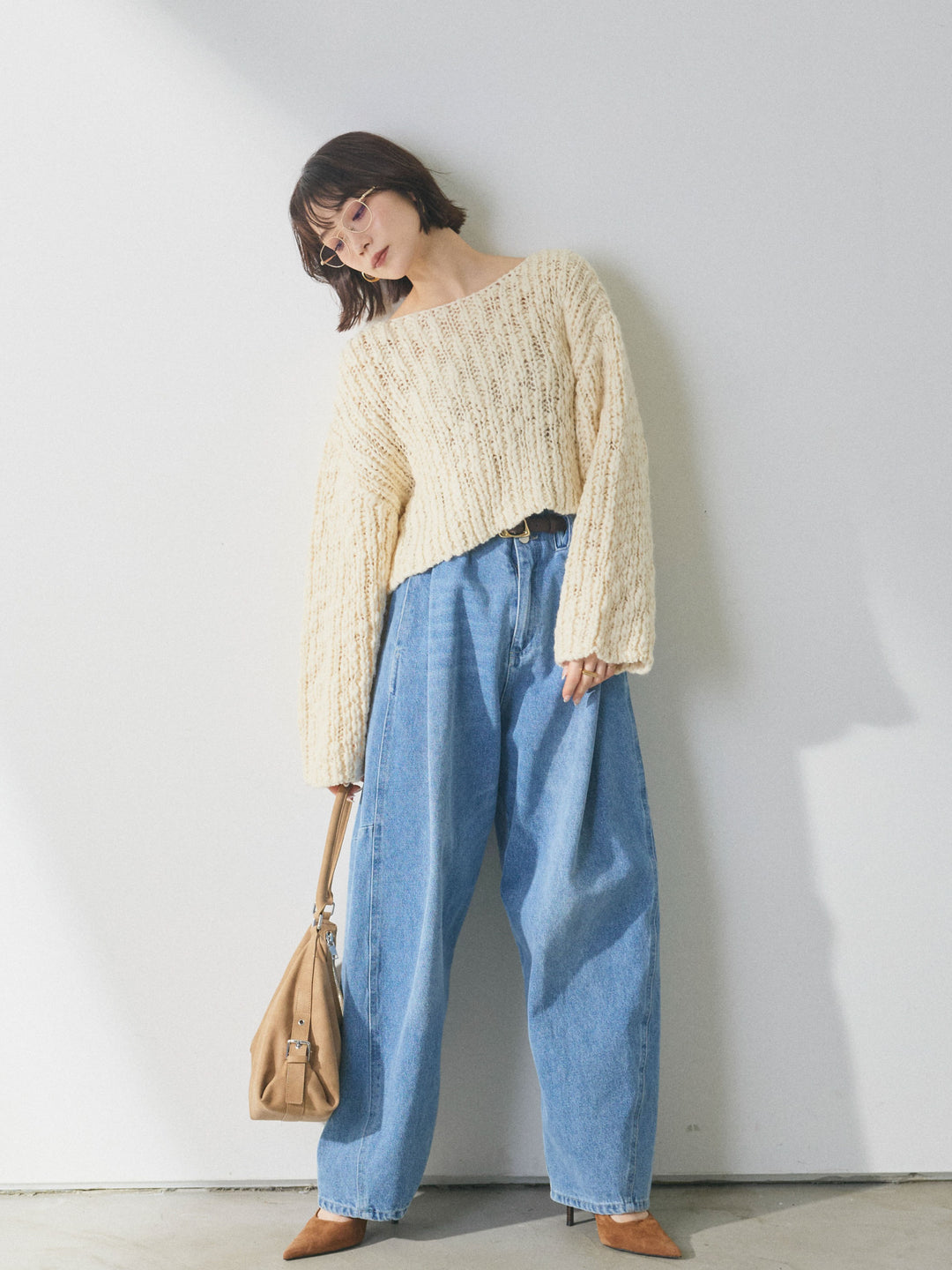 【Allure】[SET]クロップドチャンキースラブニットプルオーバー+ハイウエストベルトループデザインデニムパンツ(2set)