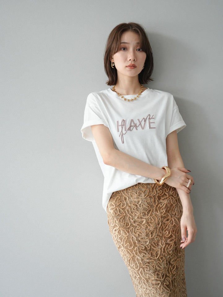 [予約]デザインロゴ刺繍Tシャツ/オフホワイト