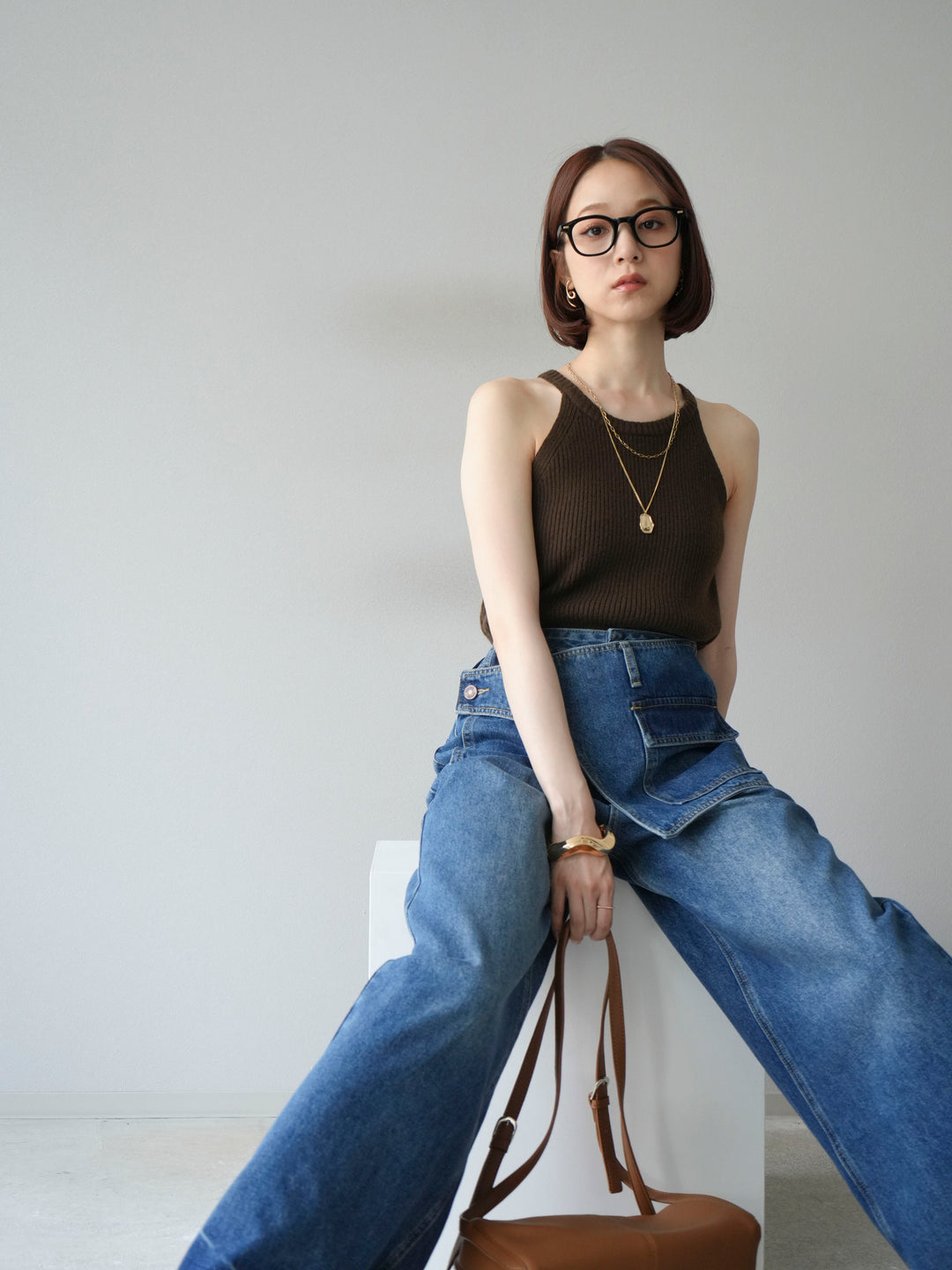 [予約]リブニットアメスリタンクトップ/カーキ