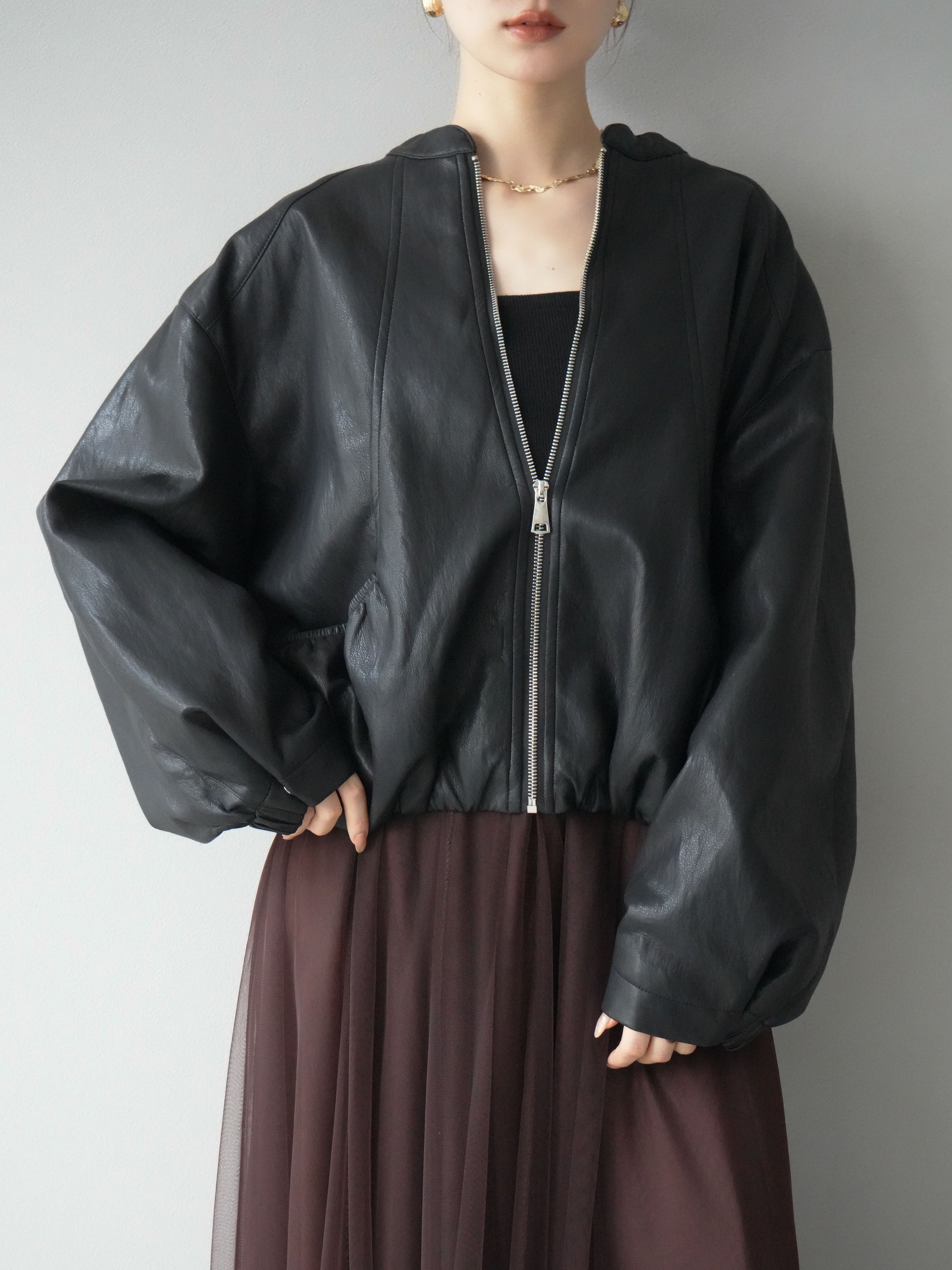 予約]フェイクレザー裾バルーンブルゾン/ブラック – Lumier