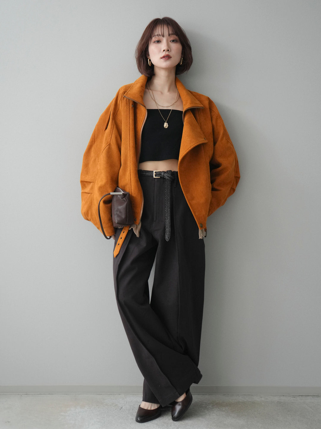 [SET]コーデュロイライダース裾レースブルゾン+カップ付テレコリブベアキャミソール+コットンツイルカーブパンツ(3set)