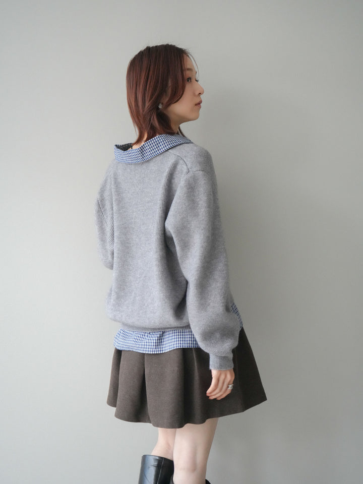 [SET]チェックシャツ襟ニットカーディガン+ベルト付きタックミニスカート(2set)