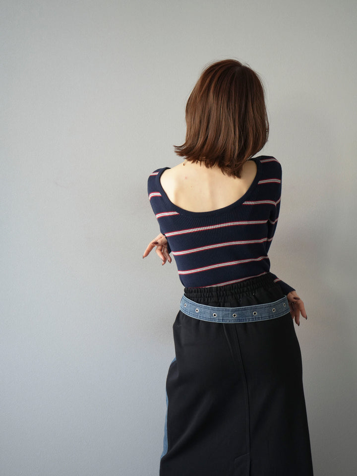 [予約]バックオープンボーダーテレコリブトップス/ネイビー