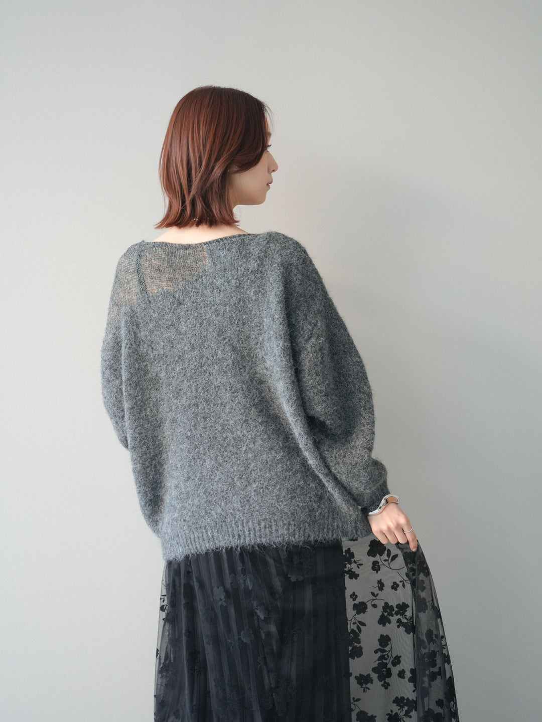 [SET]透かしデザインニットプルオーバー+フラワーフロッキーチュールプリーツスカート(2set)