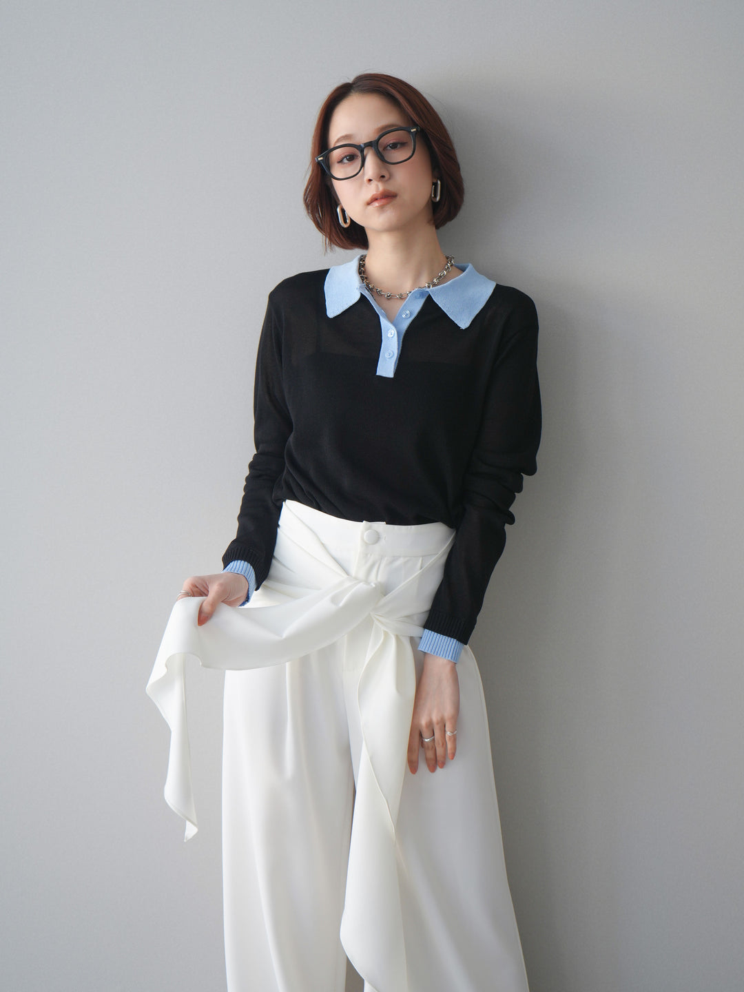 [SET]配色デザインシアーポロニット+ラッフルベルトワイドパンツ(2set)