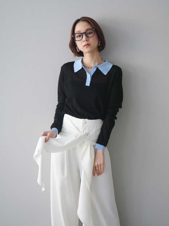 [SET]配色デザインシアーポロニット+ラッフルベルトワイドパンツ(2set)