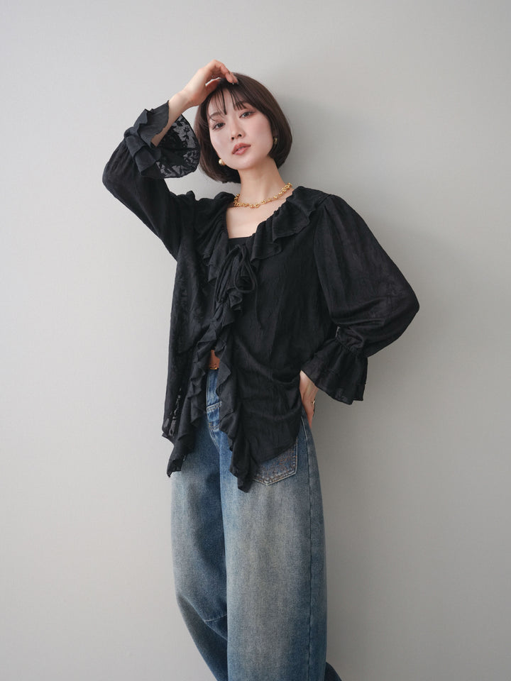 [予約]ラッフルレーススリットブラウス/black