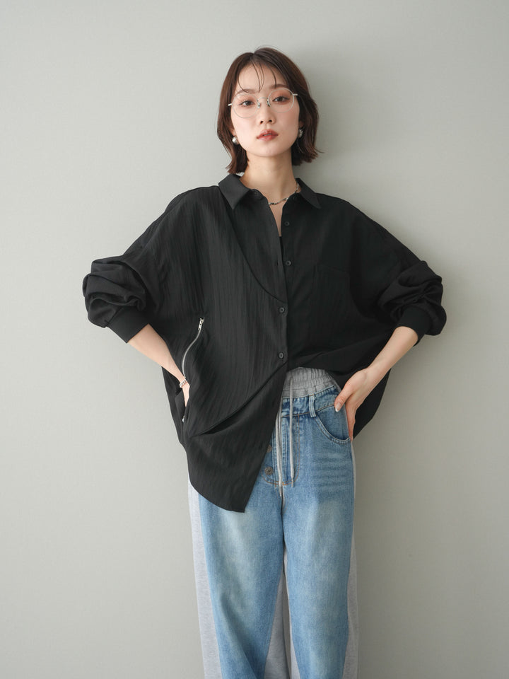 [予約]リブカフスアシンメトリーZIPデザインオーバーシャツ/black