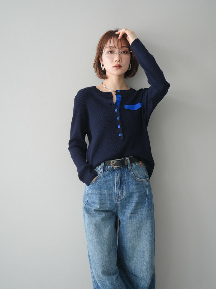 [予約]バイカラーデザインポケット配色ヘンリーネックニットソー/navy