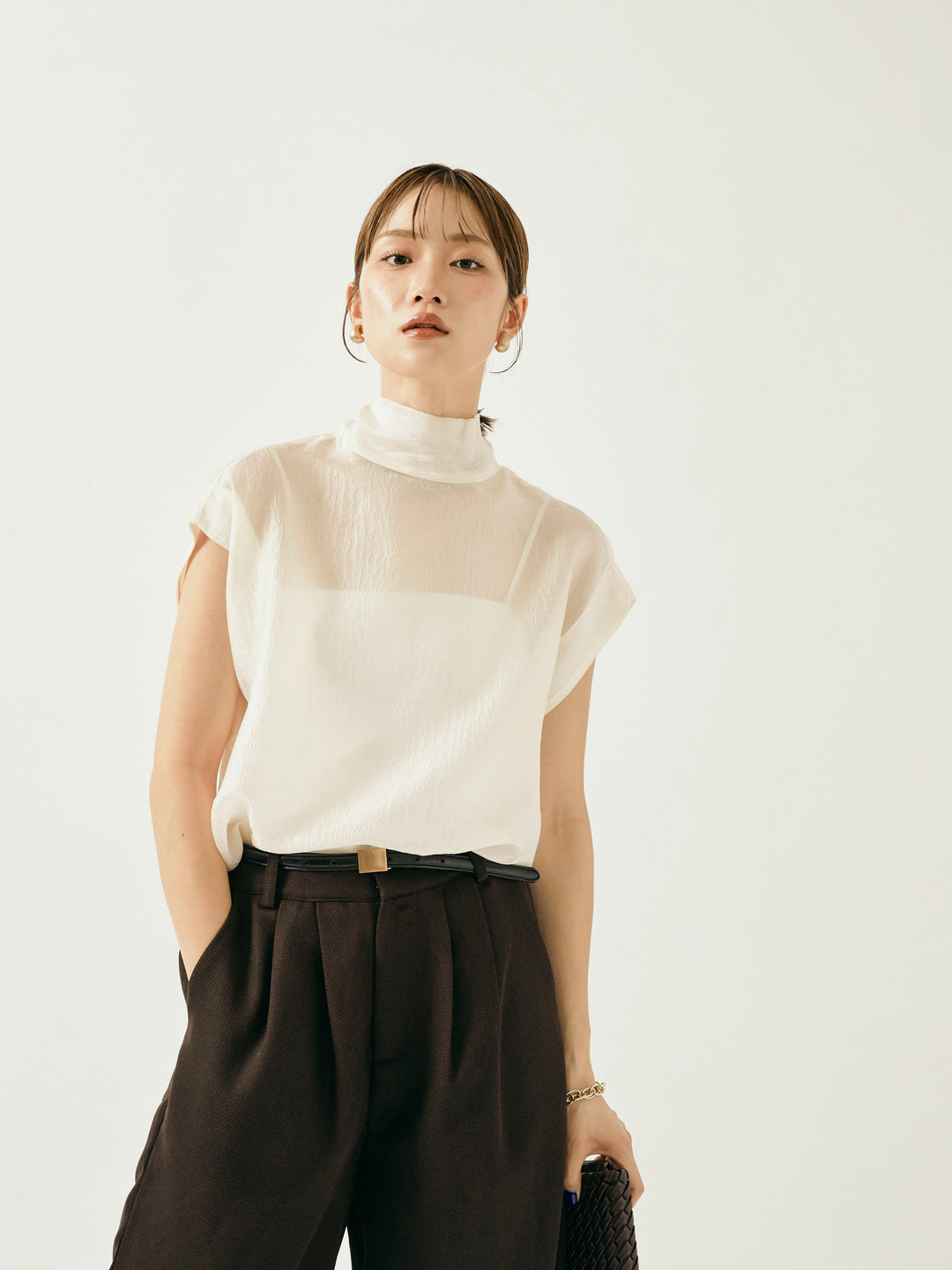 【Allure】[SET]シャイニーシアーブラウス+メッシュタックワイドパンツ(2set)