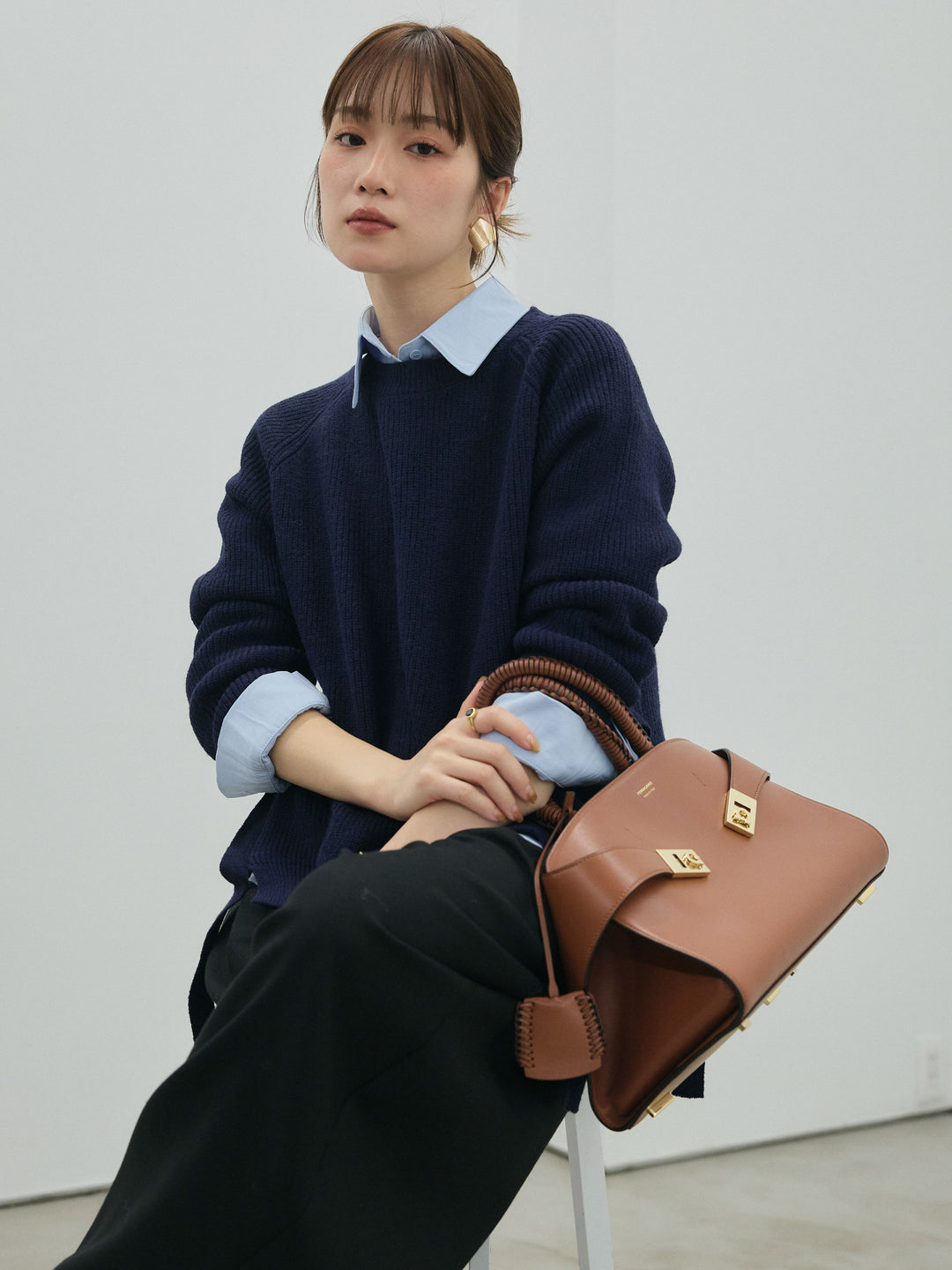 [予約]サイドスリット畦編みニットプルオーバーシャツアンサンブル/navy