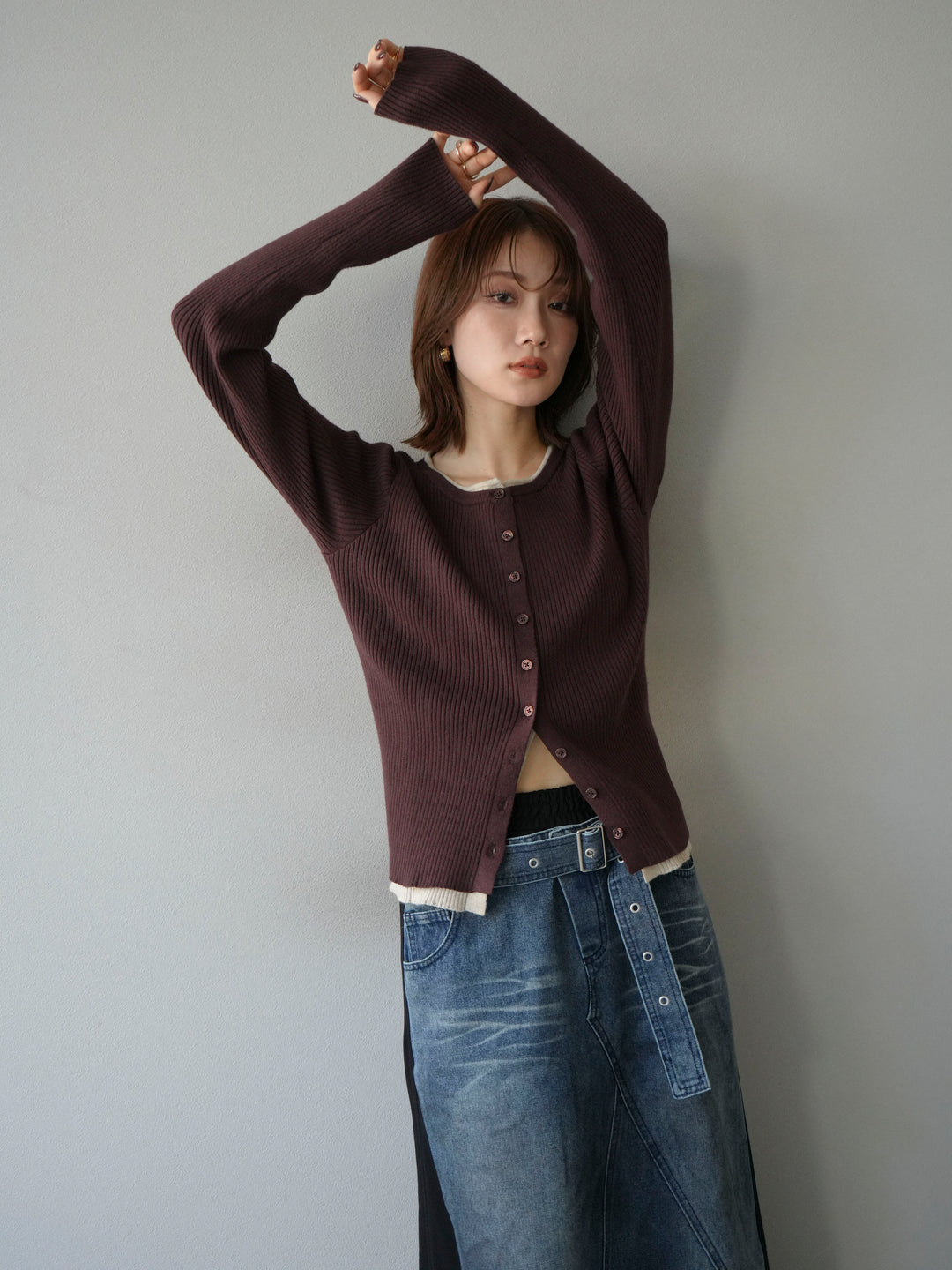 [予約]レイヤード配色ニットカーディガン/ブラウン