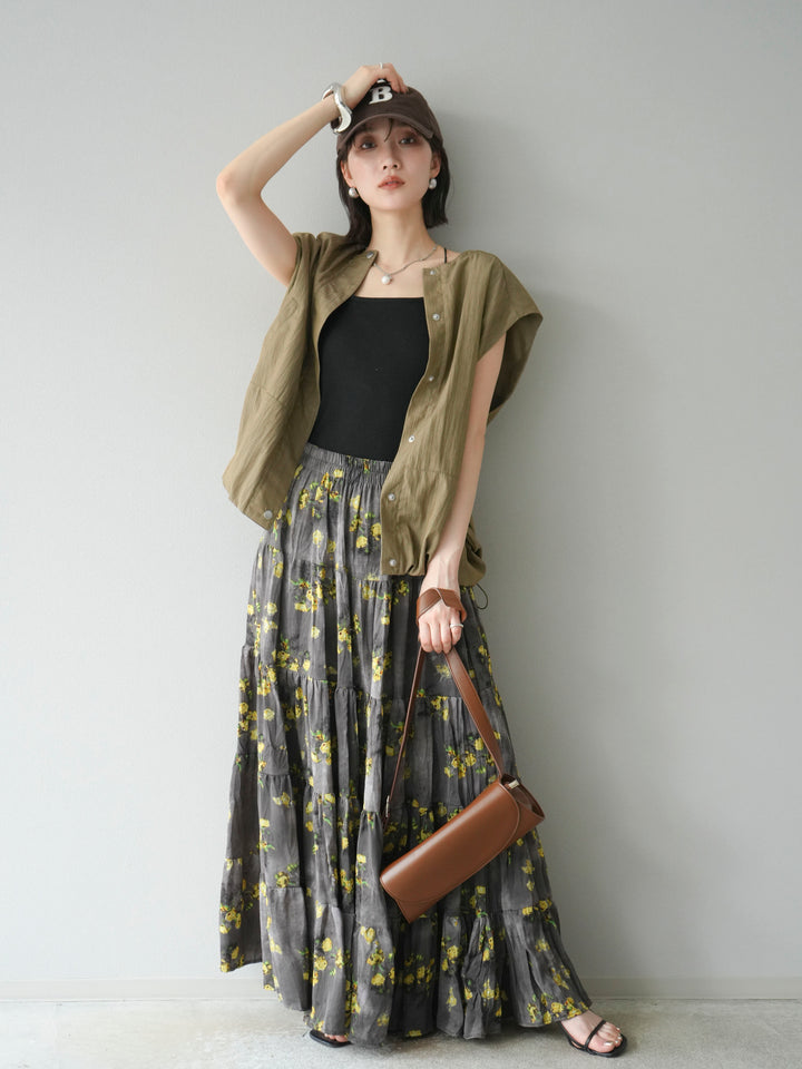 [SET]リネンライクドロストバルーンブルゾン+フラワーワッシャープリーツスカート(2set)