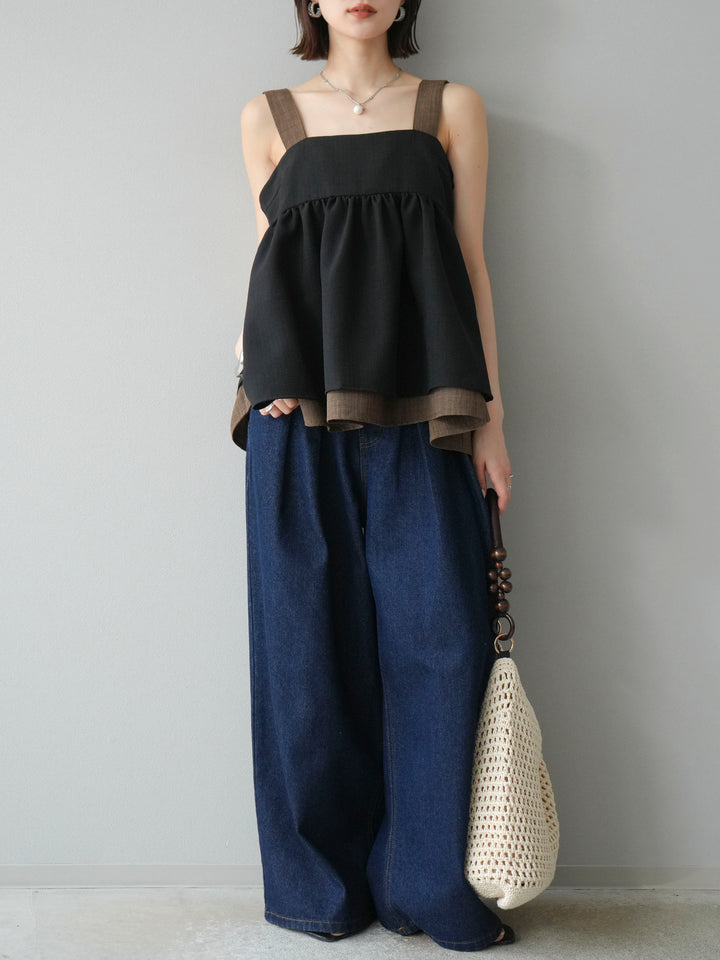 [予約]リネンライク配色フレアタンクトップ/ブラック