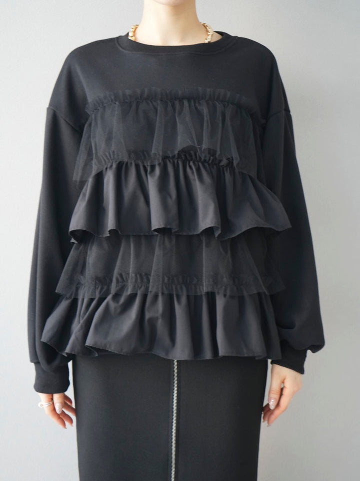 [Pre-order] Tulle frilled fleece pullover/Black