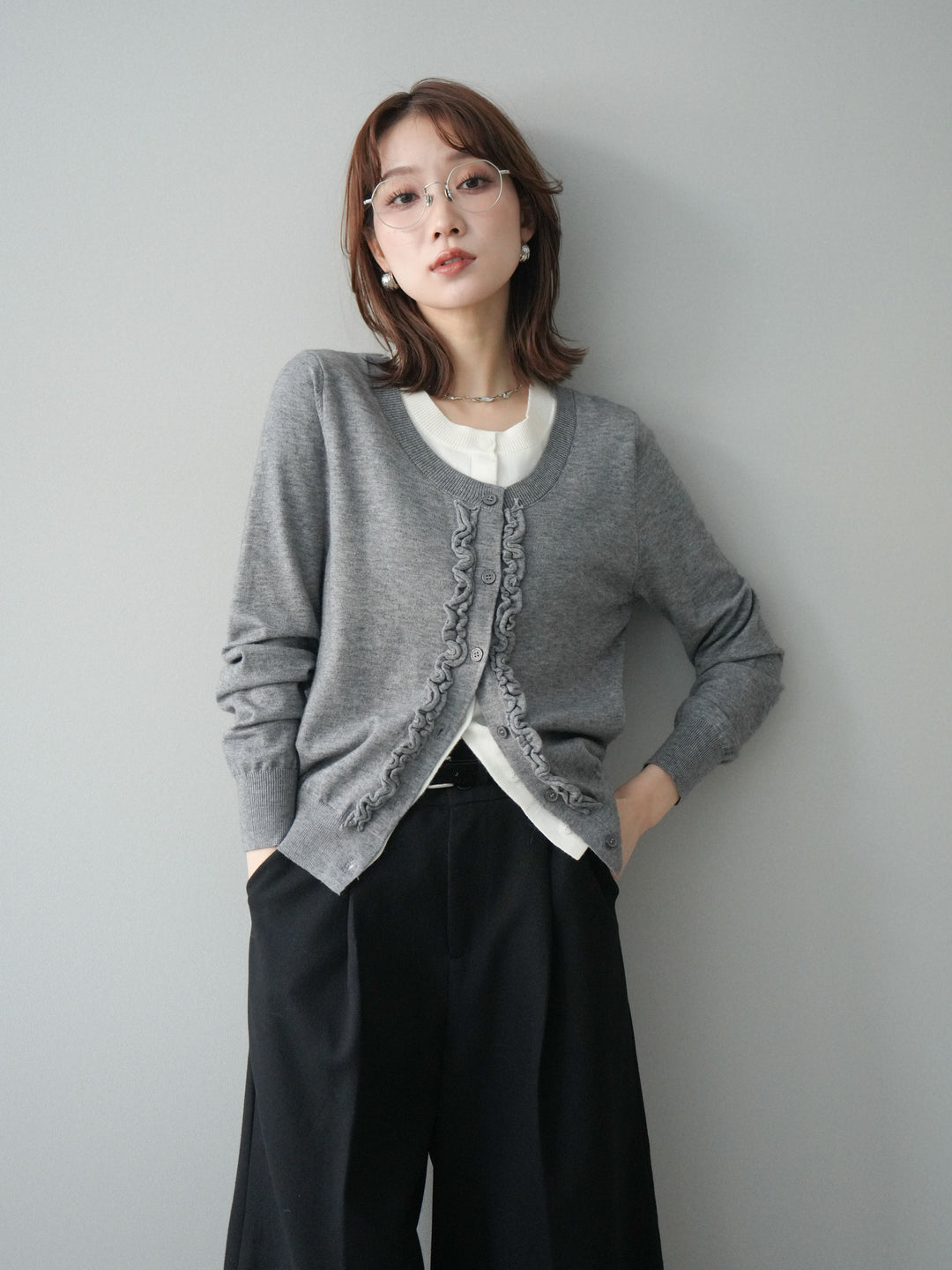 [予約]配色レイヤードフリルデザインニットカーディガン/gray