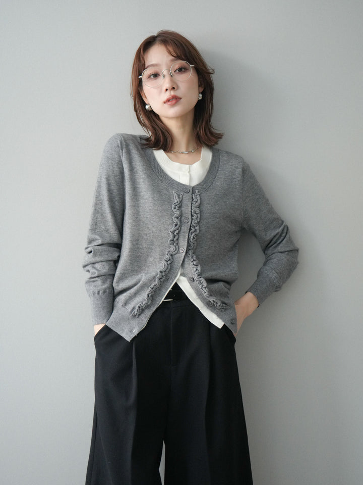 [予約]配色レイヤードフリルデザインニットカーディガン/gray