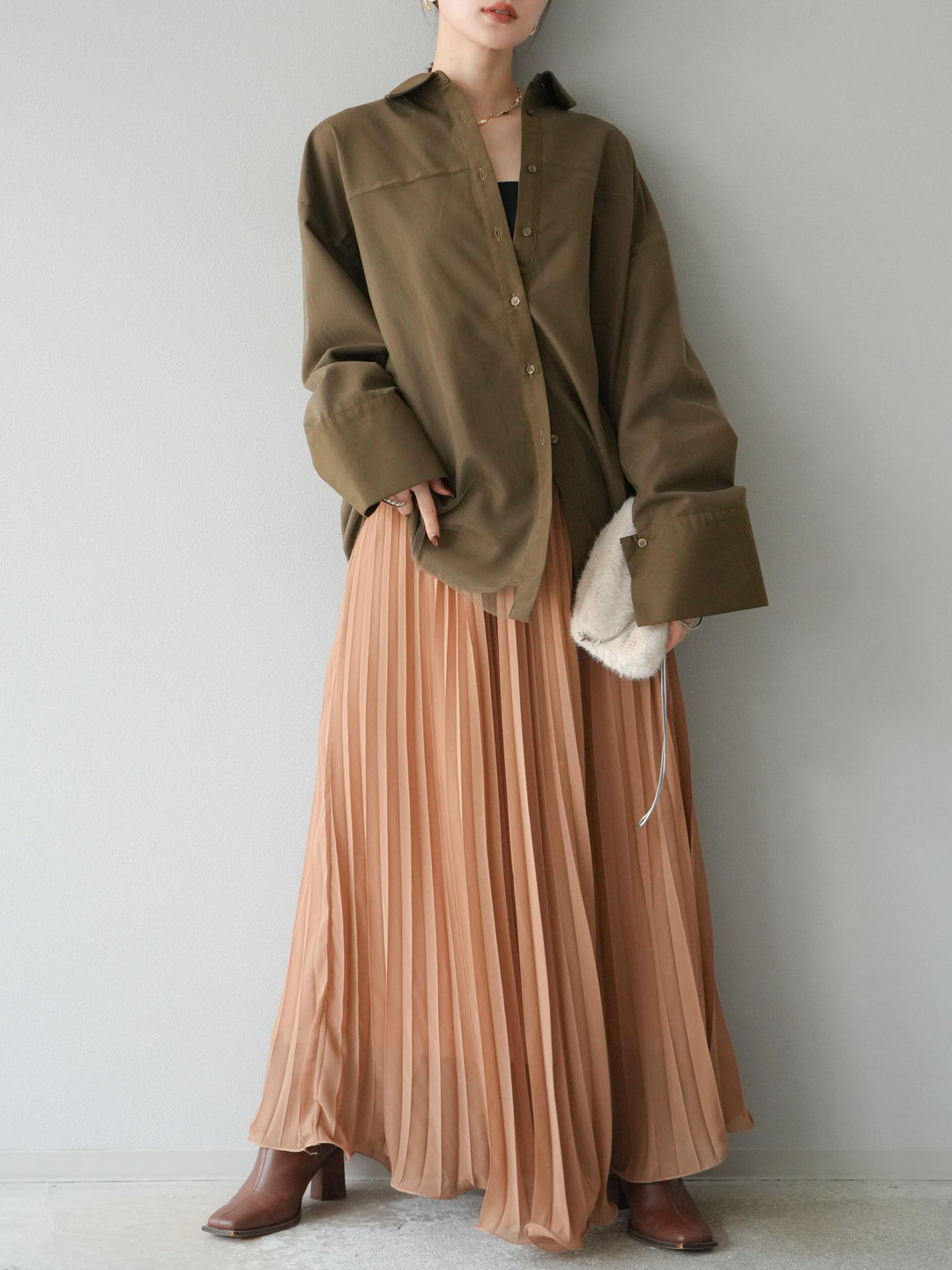 [予約]シフォンプリーツパイピングスカート/キャメル