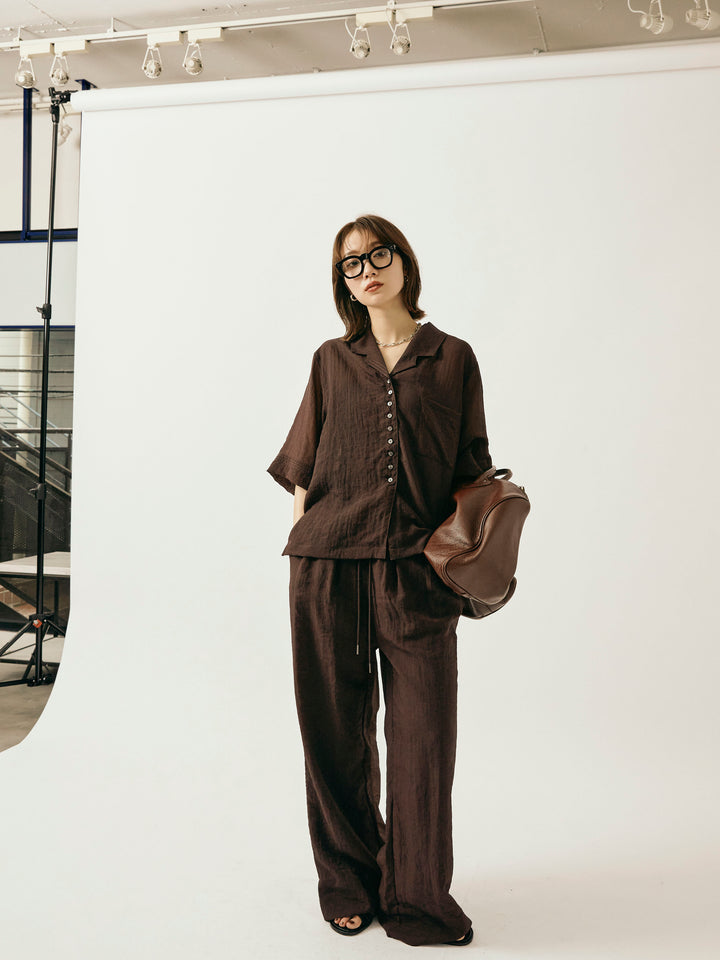 【Allure】[SET]シャイニースラブシアー開襟ハーフシャツ+シャイニースラブシアーワイドパンツ(2set)