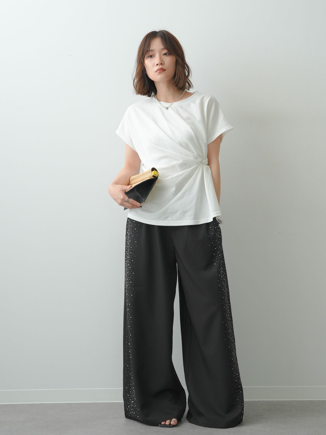 [SET]サイドノットTEE+ポーチベルト付サイドビジュータックワイドパンツ(2set)
