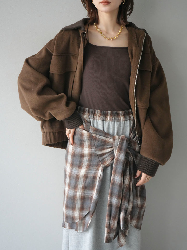 [予約]ウールタッチ襟リブステンカラーショートコート/brown