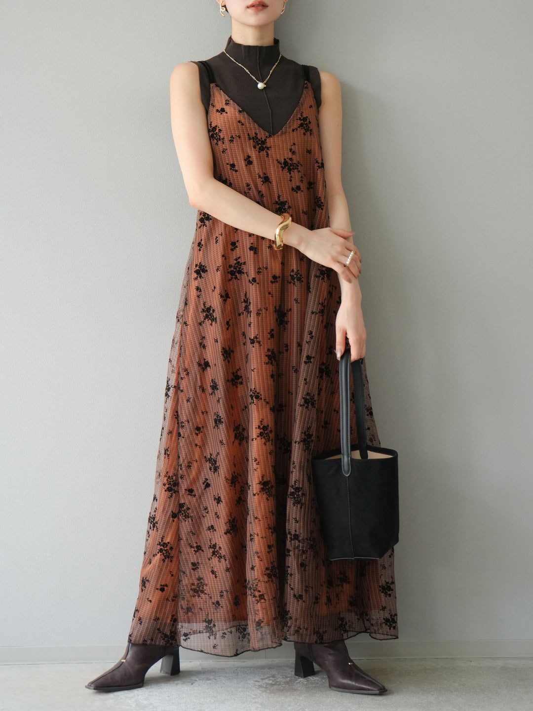 [予約]フロッキーチュールレイヤードベロアキャミワンピース/オレンジ