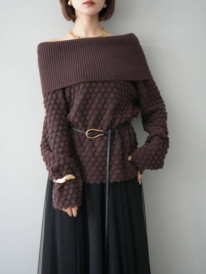 [予約]ポコポコ編みオフショルニットプルオーバー/brown