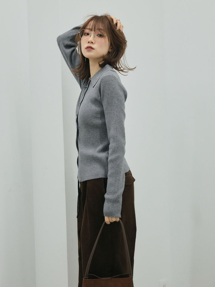 【Allure】[SET]くるみボタンポロリブニットトップス+くるみボタンポロリブニットトップス(2set)