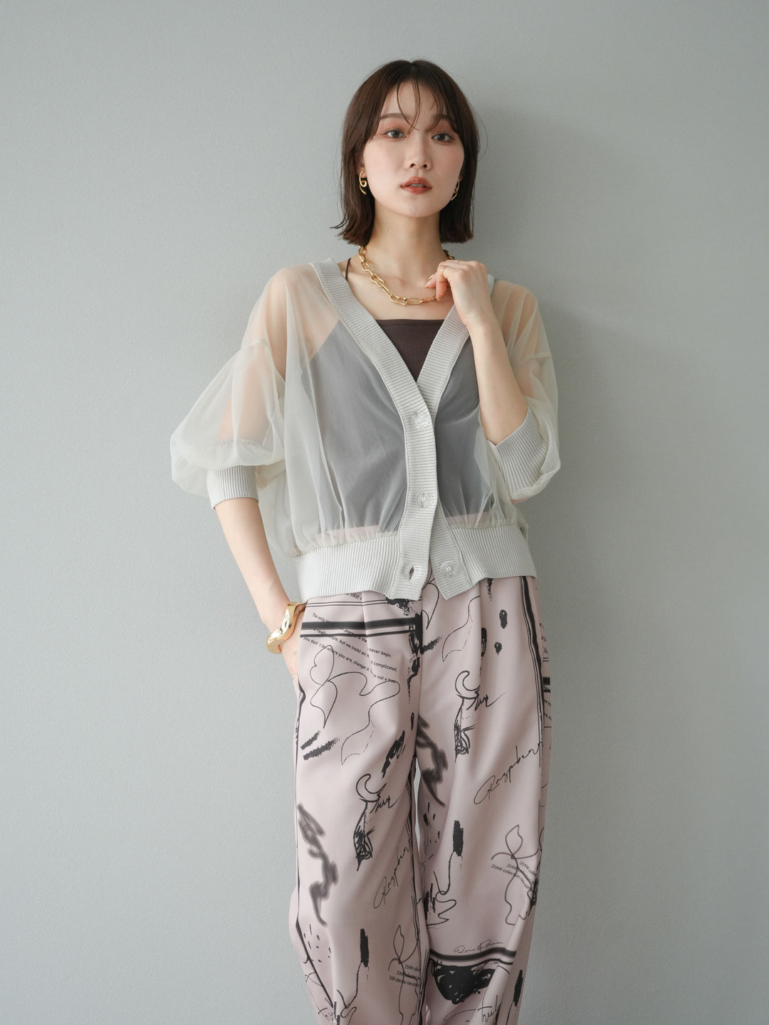 [SET] 透視半袖褶皺開襟衫 + 彩繪圖案褶襉褲 (2set)