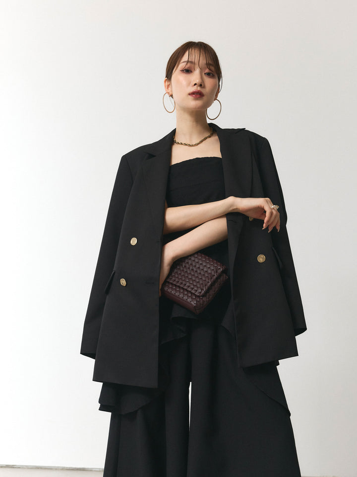 【Allure】[SET]ぺプラムベアトップス＆ワイドパンツSET UP+ダブルブレストオーバージャケット(2set)