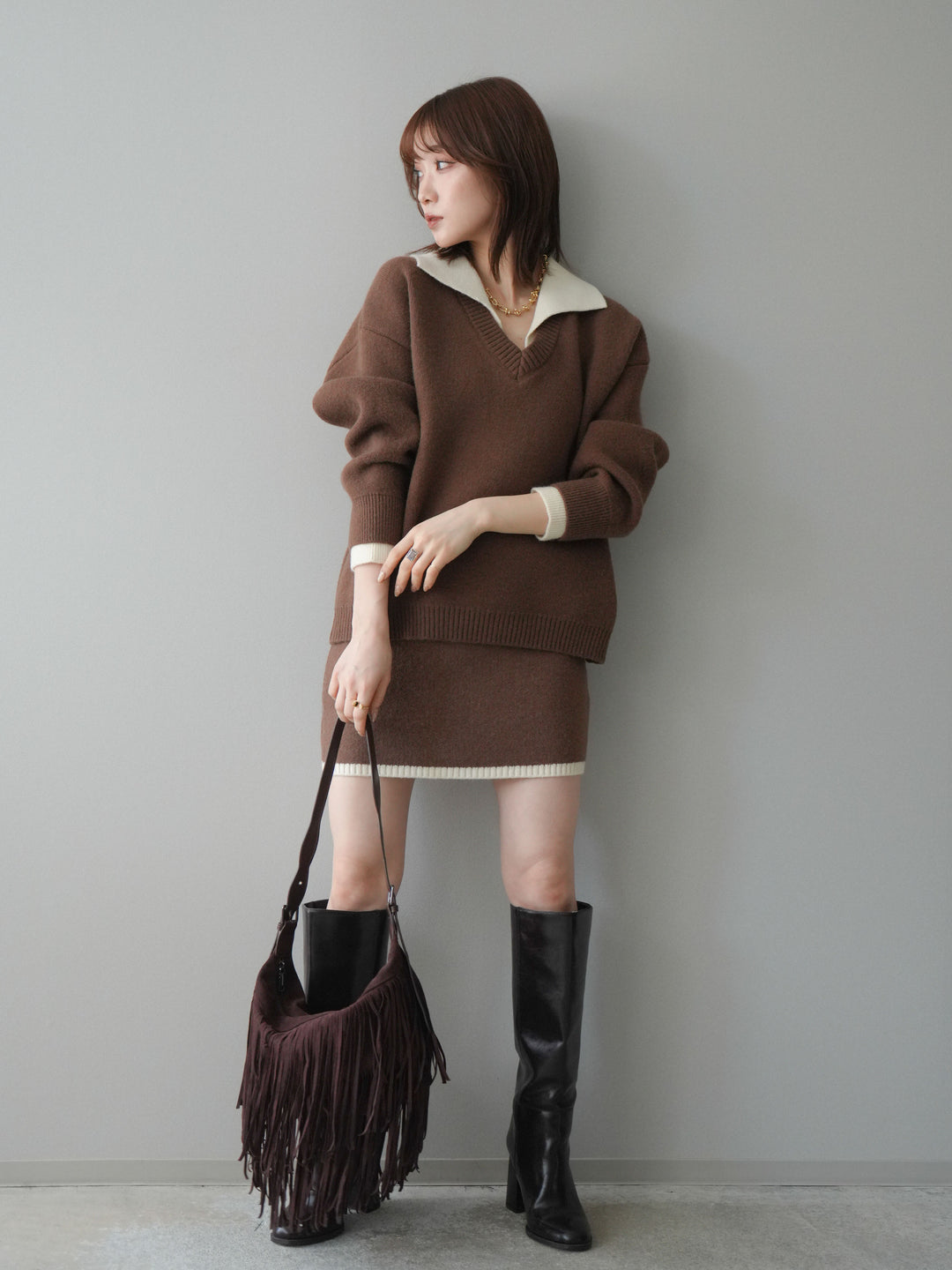 [SET]配色襟ニット＆ミニスカートSET UP+配色襟ニット＆ミニスカートSET UP(2set)