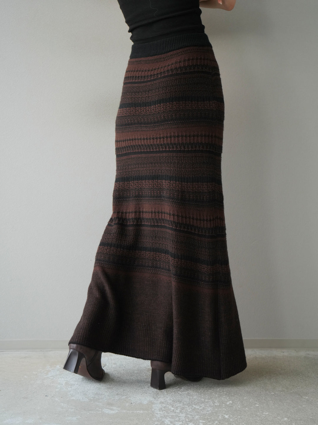 [予約]ガーター編みニットロングスカート/ブラウン×ブラック