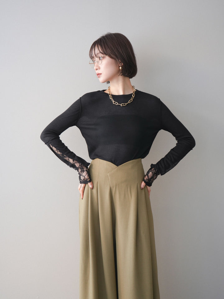 [予約]袖レースレイヤードデザインメロートップス/black