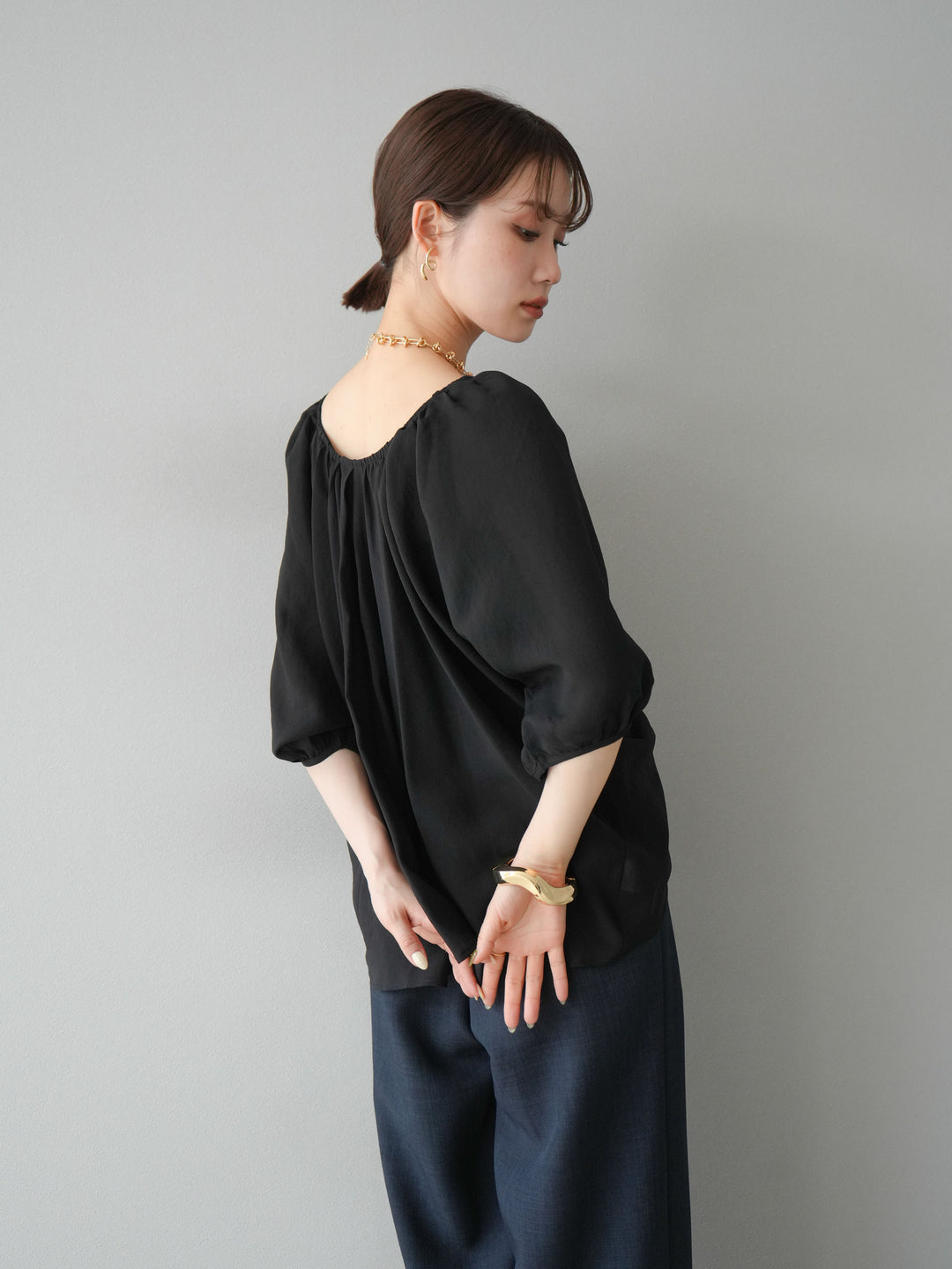 [SET]ボリュームスリーブシアータックブラウス+リネンライクイージーワイドパンツ(2set)