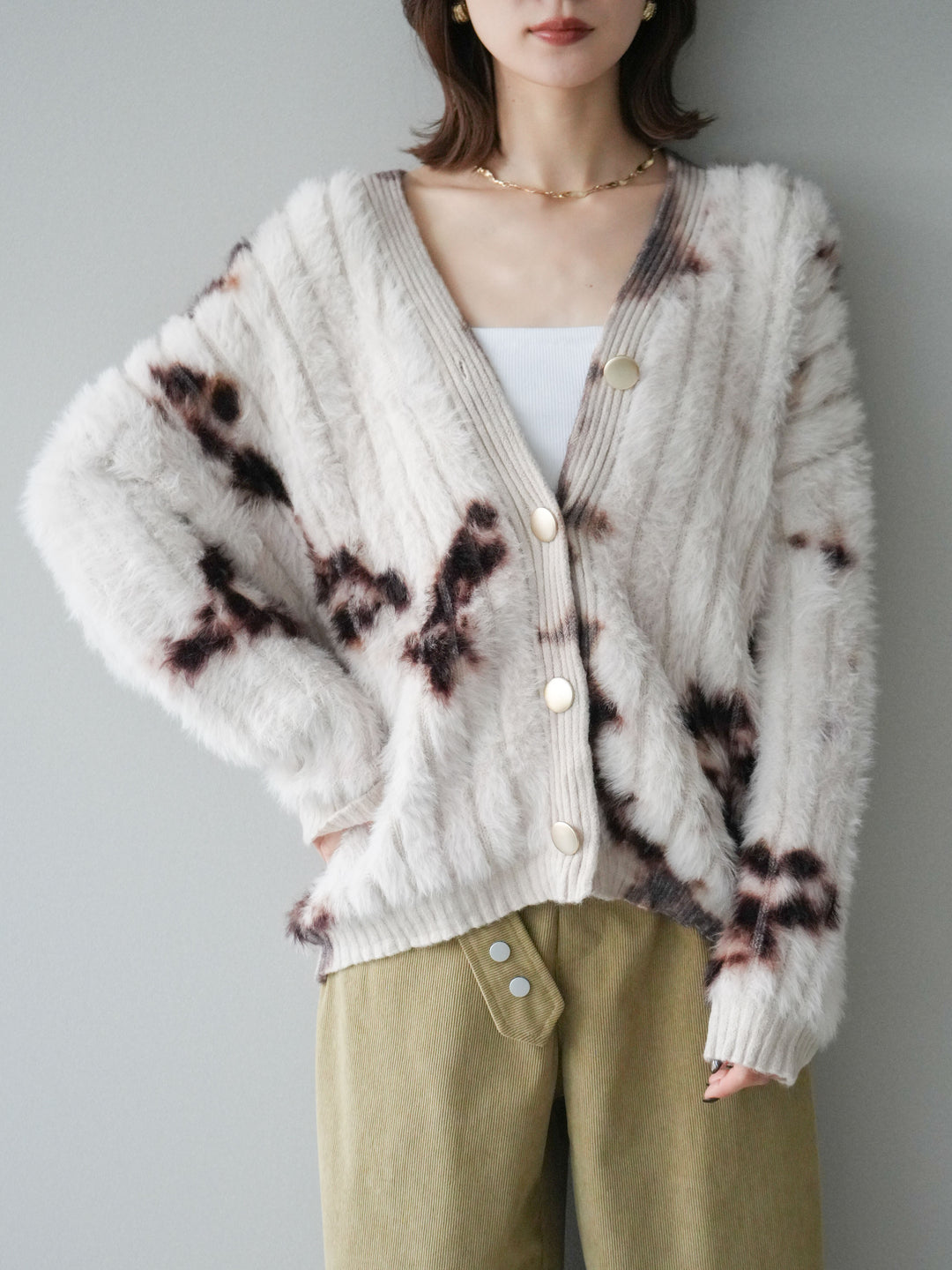 [SET]ニュアンス柄シャギーニットカーディガン+コーデュロイ巻きベルト付きパンツ(2set)